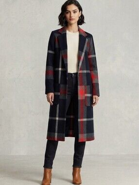 Plaid Long Coat in Navy and Red - Women